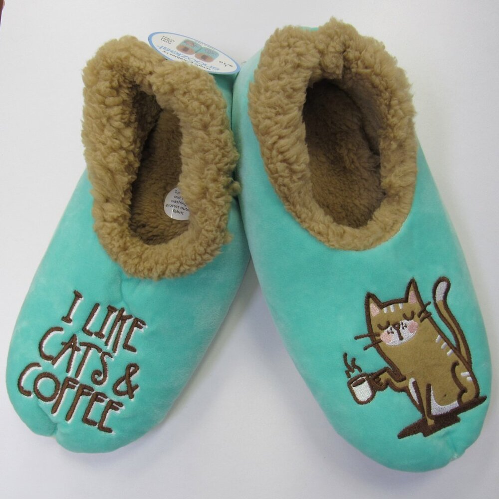 Women's Size 9/10 Large Snoozies! Cats & Coffee Cat Print Pairables Slippers